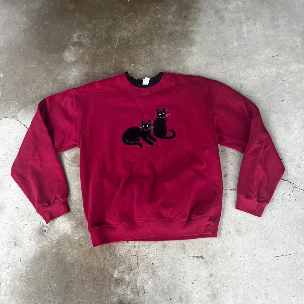 Endless Designs Sweatshirt Women Medium Red Black Cat Applique Studded